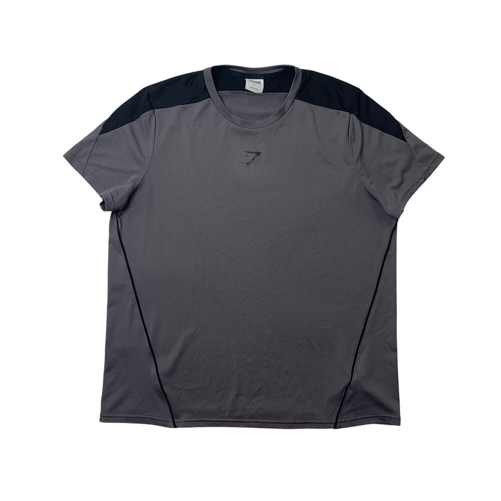 Gymshark T Shirt Mens L Large Arrival Block Gray Curved Flatlock Sharkghead Logo